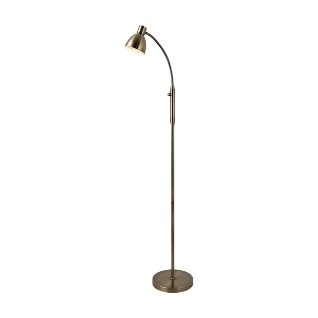 Hudson Floor Lamp in antique brass with a slim curved stem, angled cone-shaped shade, adjustable height joint, and round domed base on a plain white background.