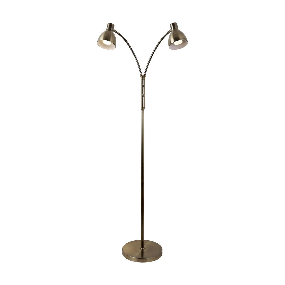Hudson 2-light floor lamp in antique brass, slim stem on a round disc base, splitting into two curved arms with small cone shades, shown on a plain white background.