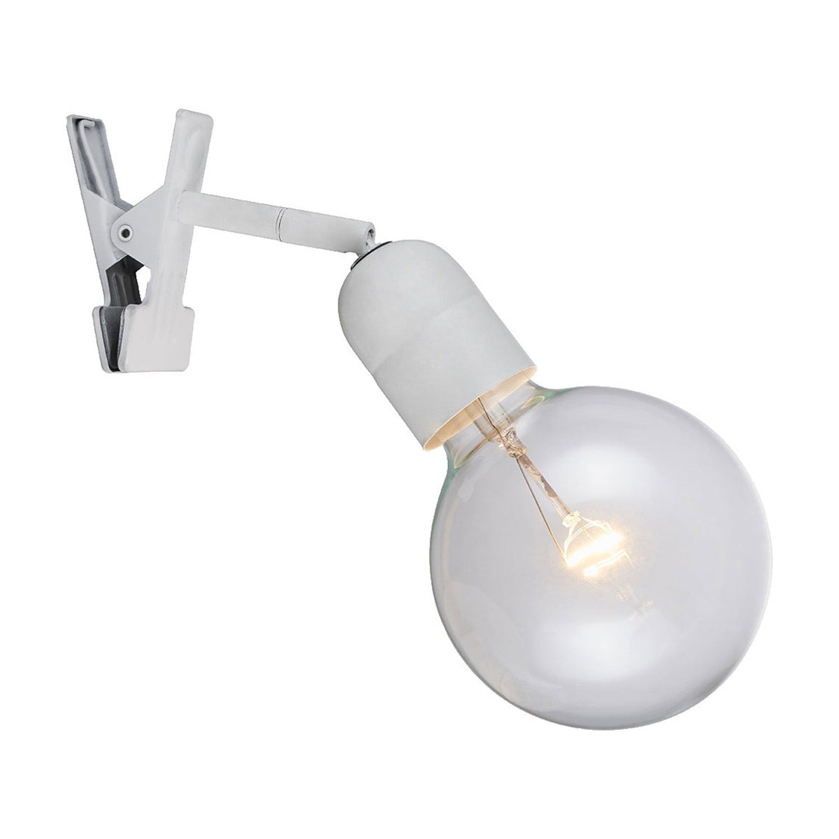 Elegance Clip-On Table Lamp in white, with a serrated spring clamp and jointed arm holding a plain cylindrical E27 holder fitted with a clear globe bulb, shown on a white background.