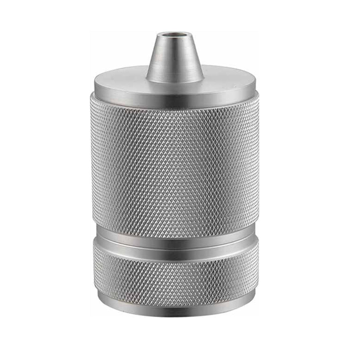 Halo Socket Lampholder E27 in silver, a cylindrical brushed aluminium fitting with knurled texture and a tapered top cone, shown on a plain white background.