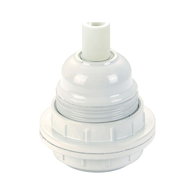 White plastic E27 lampholder with cord entry, ribbed stepped body, threaded skirt and two loose shade rings, shown on a plain white background.