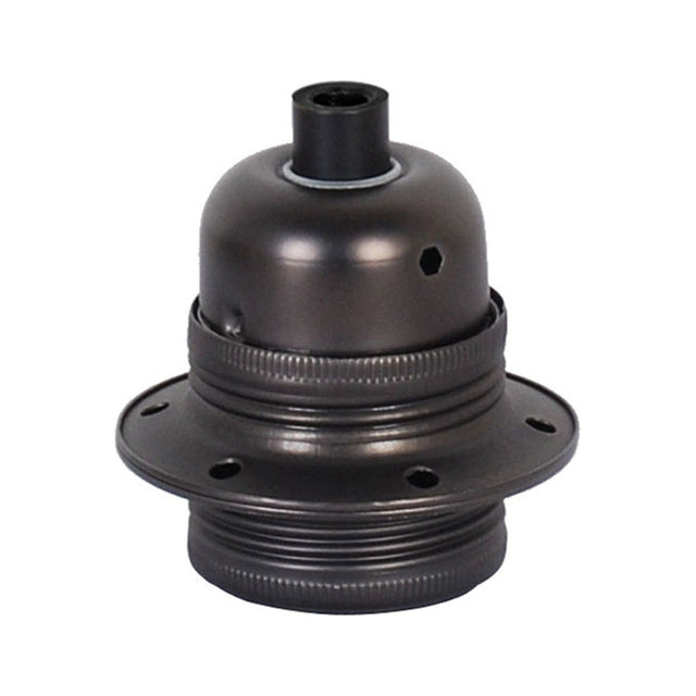 Combi Lampholder E27 in gunmetal metal, showing a domed shoulder, threaded skirt, flanged ring with fixing holes, and cord entry on top, set against a plain white background.