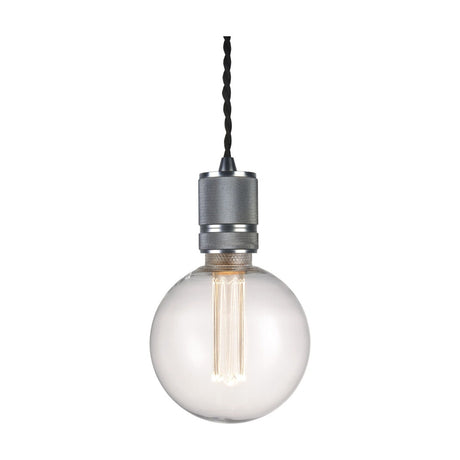 Halo Cable Cord Set E27 pendant fitting in gunmetal, featuring a knurled cylindrical lampholder on black twisted flex, shown with a clear globe bulb on a plain white background.