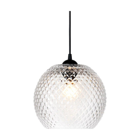 Nobb Ball Pendant Light 22cm in clear glass with a diamond-cut textured surface, black ceiling cap and cord, lit bulb visible inside, on a plain white background.