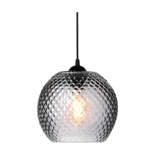 Nobb Ball Pendant Light 22cm in smoke glass with diamond-cut faceted surface, black ceiling cap and flex, lit bulb visible inside, on a plain white background.