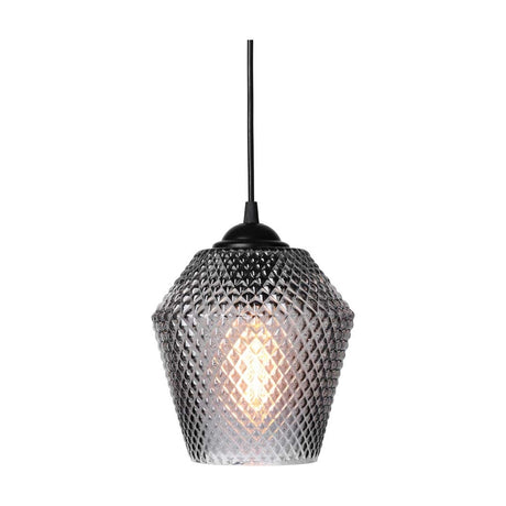 Nobb Edgy Pendant Light 17cm in smoke grey, a faceted glass shade with deep diamond cut pattern, black ceiling cap and cord, shown lit on a white background.