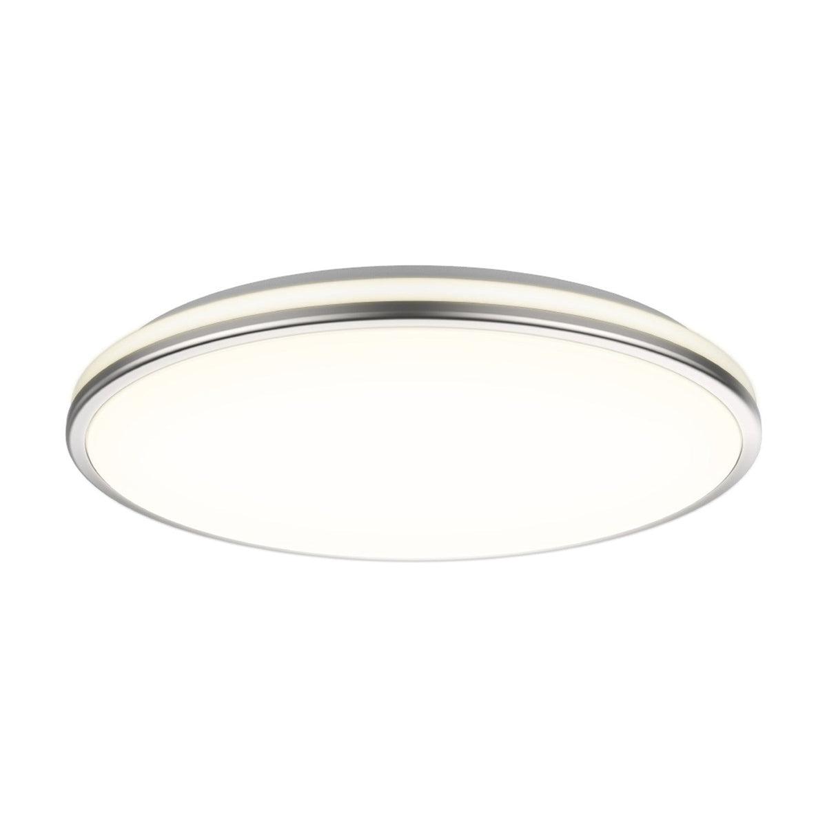 LED Fancy 3-Step flush ceiling light in silver, a round fixture with a flat opal diffuser and two concentric brushed steel rings, shown on a plain white background.