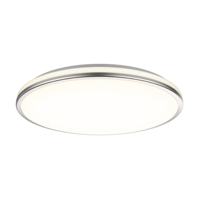 LED Fancy 3-Step flush ceiling light in silver, a round fixture with a flat opal diffuser and two concentric brushed steel rings, shown on a plain white background.