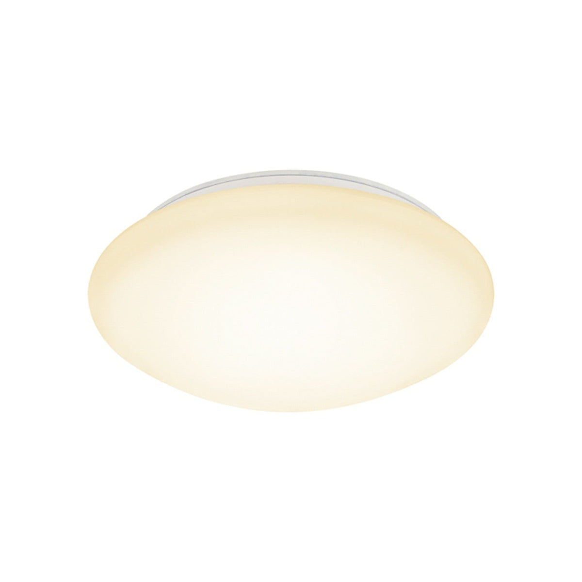 Basic LED 3-Step Flush Ceiling Light 29cm 12W in opal glass with a smooth domed shade and slim white rim, shown lit against a plain white background.