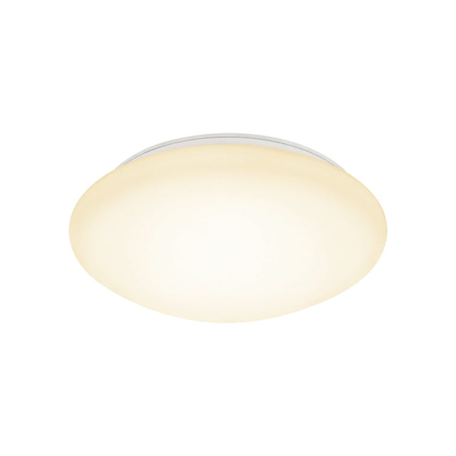 Basic LED 3-Step Flush Ceiling Light 29cm 12W in opal glass with a smooth domed shade and slim white rim, shown lit against a plain white background.
