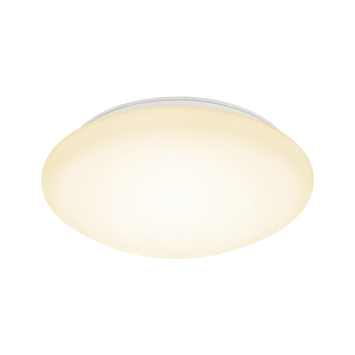 Basic LED 3-Step Flush Ceiling Light 38cm 24W in opal glass with a smooth domed shade and thin white rim, shown glowing on a plain white background.