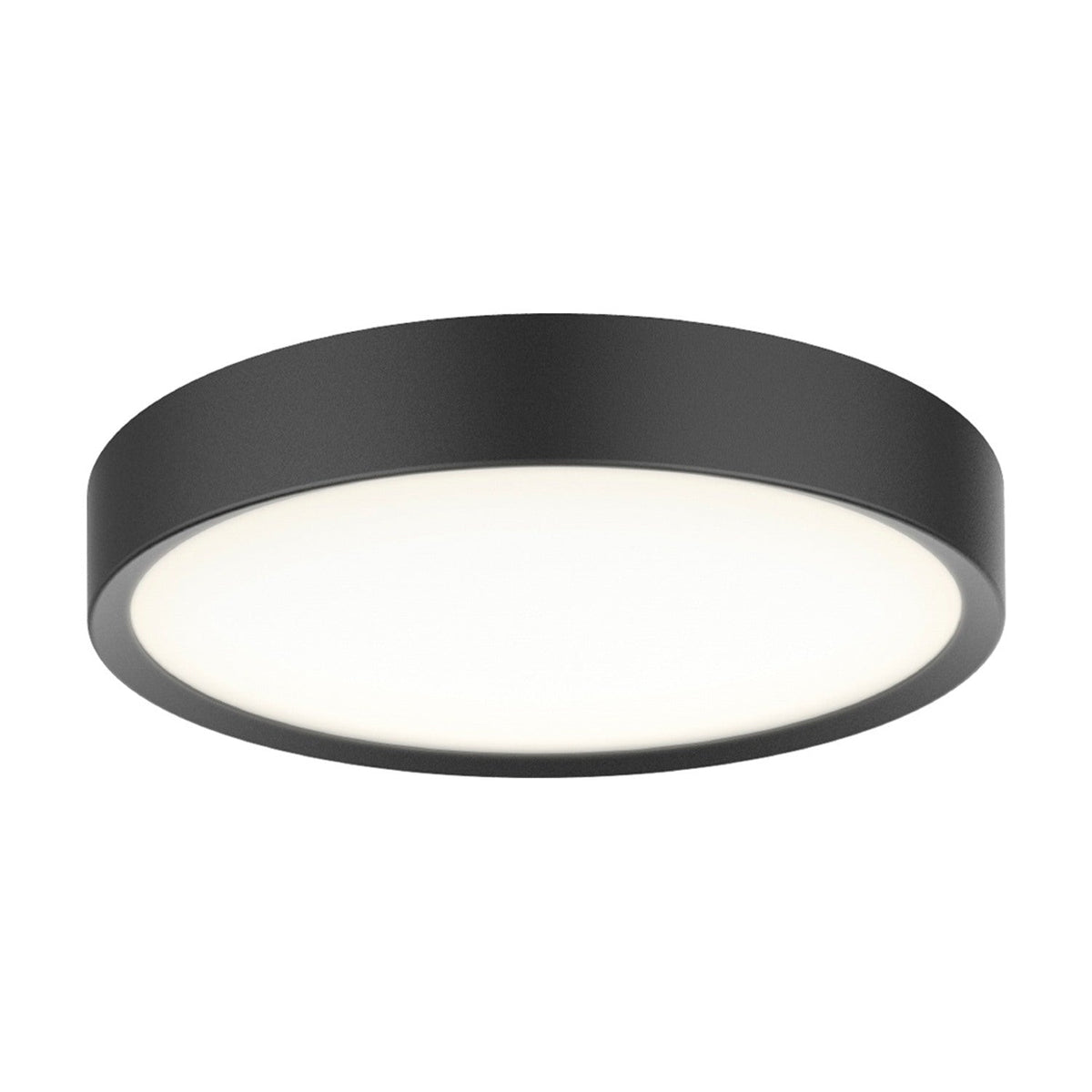 Round black flush ceiling light, LED Universal 33cm, with a shallow drum shape and recessed white diffuser glowing evenly, shown on a plain white background.