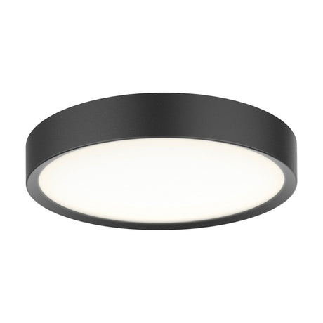Round black flush ceiling light, LED Universal 33cm, with a shallow drum shape and recessed white diffuser glowing evenly, shown on a plain white background.