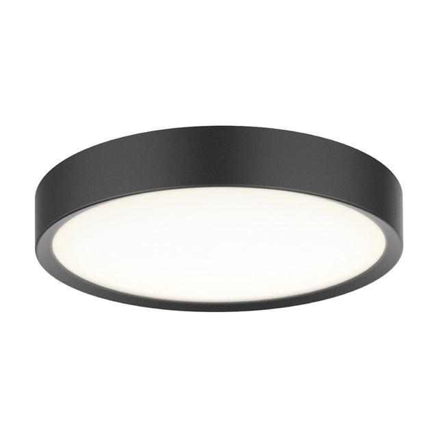Round black flush ceiling light, LED Universal 33cm, with a shallow drum shape and recessed white diffuser glowing evenly, shown on a plain white background.