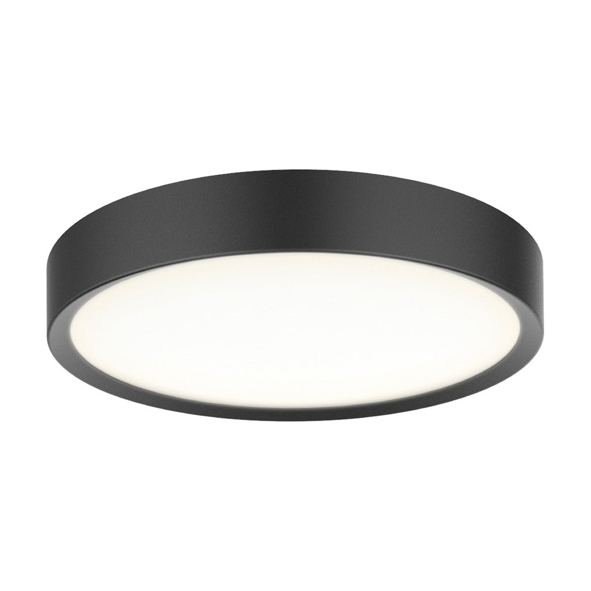 LED Universal 43cm flush ceiling light in black, a shallow round drum with straight band edge and recessed white diffuser, shown on a plain white background.
