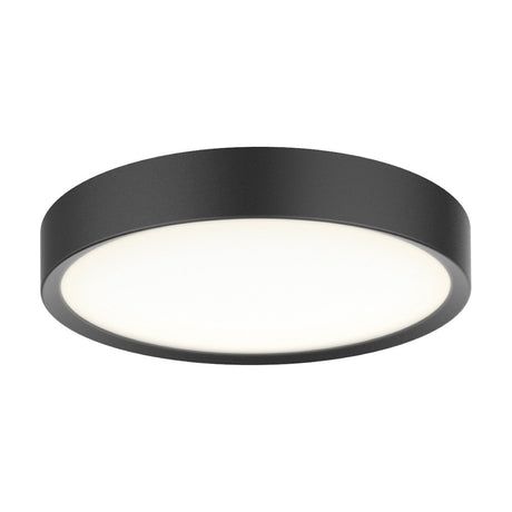 LED Universal 43cm flush ceiling light in black, a shallow round drum with straight band edge and recessed white diffuser, shown on a plain white background.