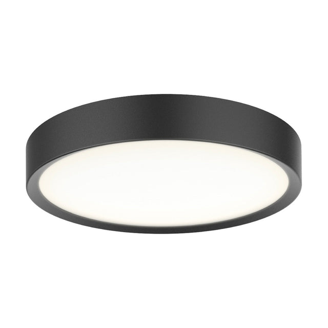 LED Universal 43cm flush ceiling light in black, a shallow round drum with straight band edge and recessed white diffuser, shown on a plain white background.