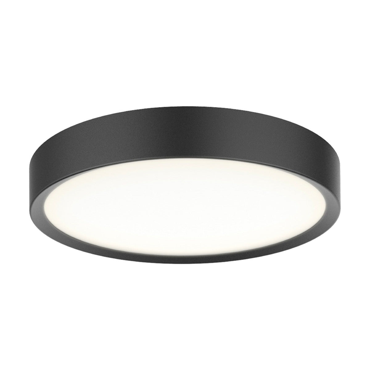 Round black flush ceiling light, 28cm, with a shallow drum body and recessed white diffuser panel, shown on a plain white background.