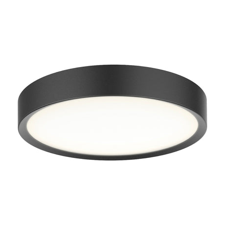 Round black flush ceiling light, 28cm, with a shallow drum body and recessed white diffuser panel, shown on a plain white background.
