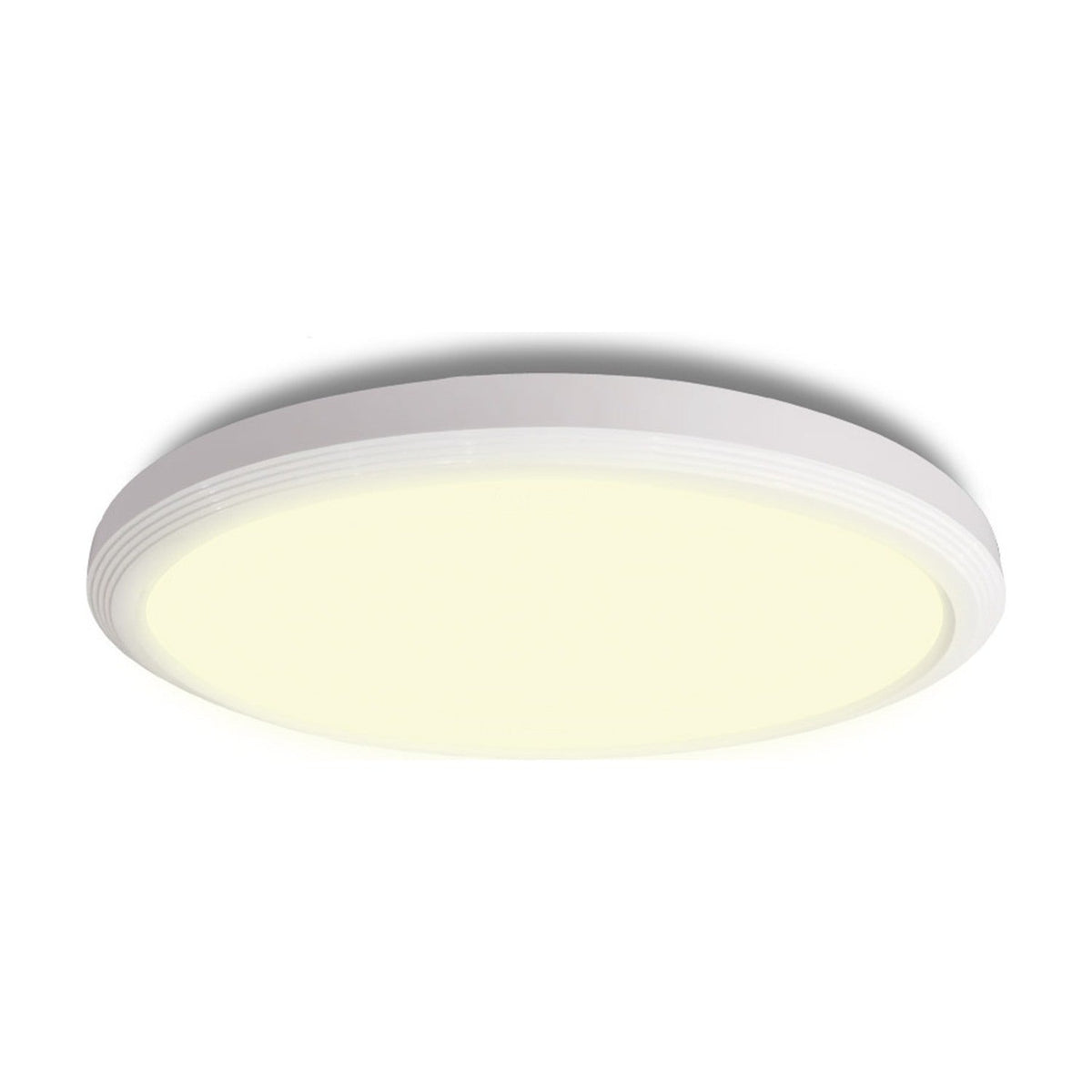 Ultra LED 3-Step Bathroom Flush Ceiling Light 24cm in white, round fitting with flat diffuser glowing warm white inside a ridged concentric rim, shown on a plain white background.