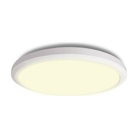 Ultra LED 3-Step Bathroom Flush Ceiling Light 30cm in white, a round fitting with a flat glowing diffuser set within a stepped, ringed matt white rim, shown on a plain background.