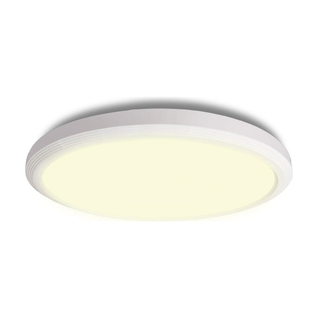 Ultra LED 3-Step Bathroom Flush Ceiling Light 30cm in white, a round fitting with a flat glowing diffuser set within a stepped, ringed matt white rim, shown on a plain background.