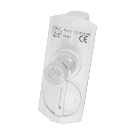 Halo Track Pendant Adaptor in white, a moulded rectangular block with rounded corners, clear ridged barrel and round cord cover plate, shown on a plain white background.