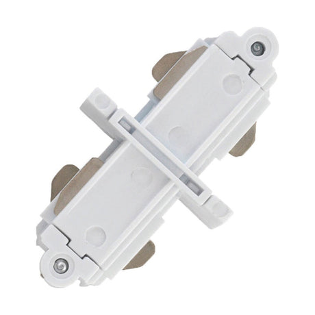 Halo Track Connector in white, a moulded plastic straight track joiner with visible copper contact strips and corner screws, shown on a plain white background.