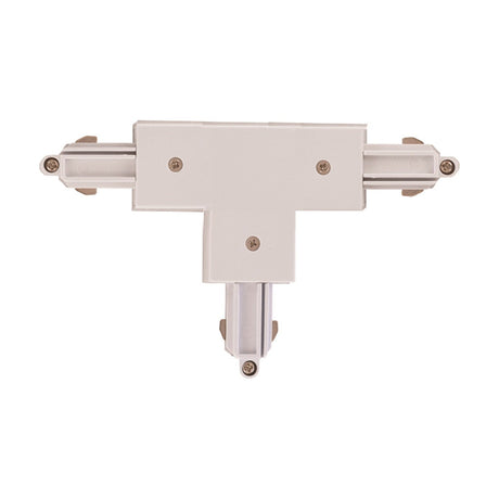 White moulded T-shaped track connector joining three rail stubs with copper contact strips and fixing screws, shown on a plain white background.