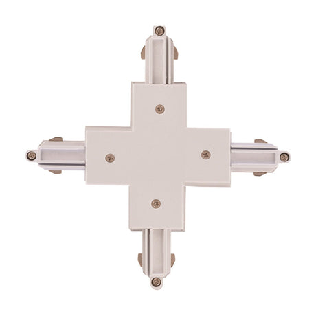 White 4-way Halo Track X-Connector, a cross-shaped moulded block joining four track stubs with copper contacts, spring clips, and fixing screws, on a plain background.