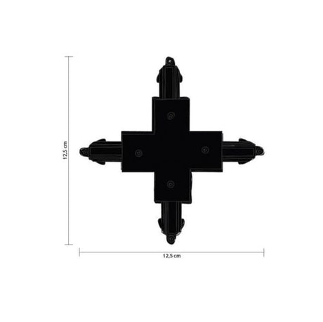 Black 4-way Halo Track X-Connector with cross-shaped track sections and end fittings, shown on a plain white background, measuring 12.5 x 12.5 cm.
