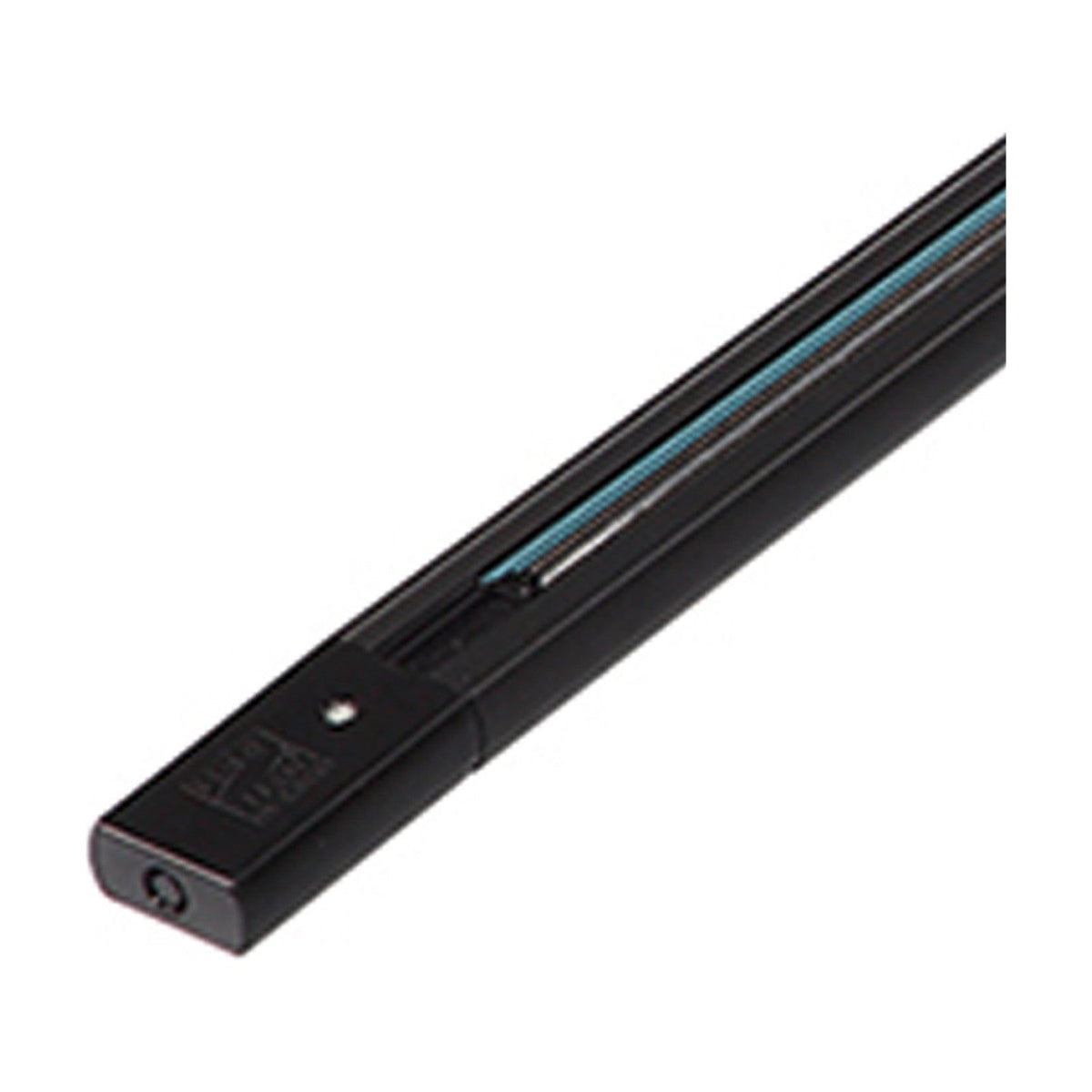 Halo Track Lighting Rail 1.2m in matt black, a slim square aluminium track with an inner channel showing copper contact strips and an end cap with fixing screw, shown on a white background.