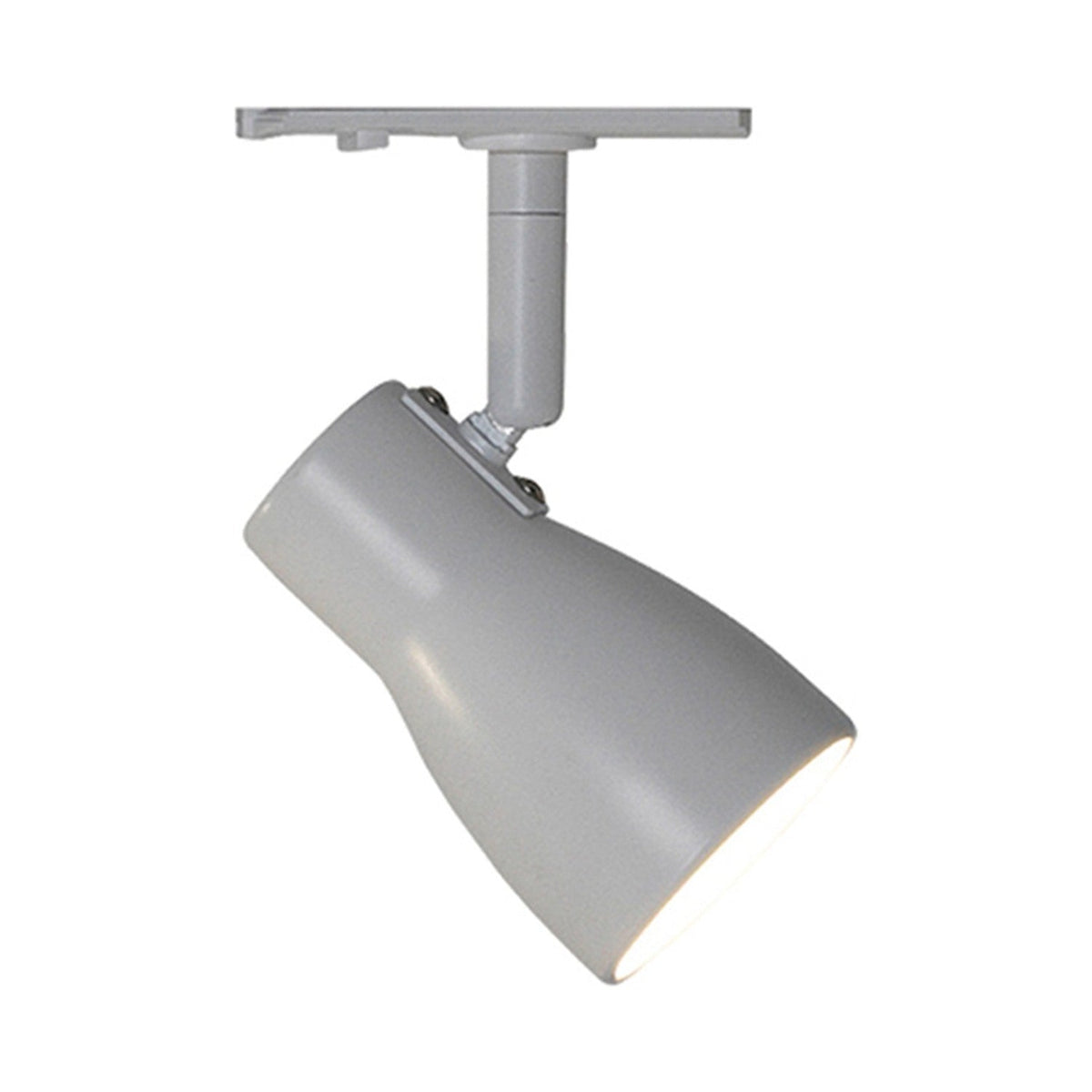 Halo Track Aero LED Spotlight in white, showing a waisted cone head on an adjustable knuckle joint, mounted via a short drop tube to a flat track shoe, on a plain background.