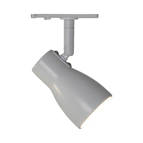 Halo Track Aero LED Spotlight in white, showing a waisted cone head on an adjustable knuckle joint, mounted via a short drop tube to a flat track shoe, on a plain background.