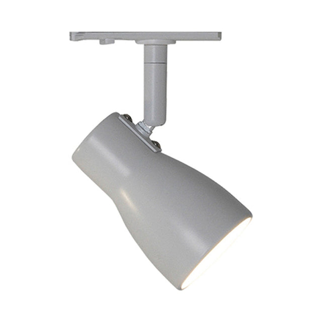 Halo Track Aero LED Spotlight in white, showing a waisted cone head on an adjustable knuckle joint, mounted via a short drop tube to a flat track shoe, on a plain background.