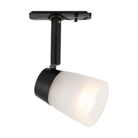 Halo track LED spotlight with black metal track mount, drop tube, and swivel collar holding an opal glass cylinder shade, shown lit against a plain white background.