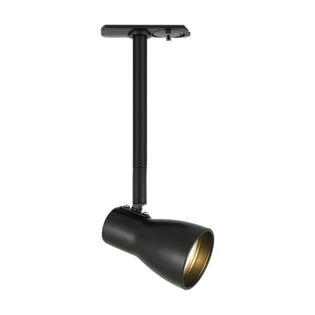 Halo Track Aero Spotlight in matte black, featuring a waisted cone head with pale gold interior, long drop tube, and flat track mount, shown on a white background.