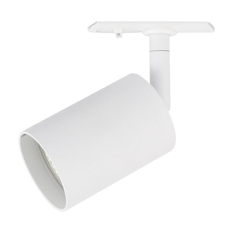 Halo Track Tube Spotlight in white, showing a cylindrical head on a knuckle joint, connected via a short drop tube to a flat track-mounting shoe, on a plain background.