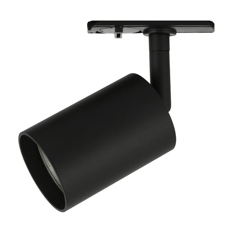 Halo Track Tube Spotlight 5W in black, showing a cylindrical head on an adjustable knuckle joint, mounted via a short drop tube to a flat track shoe, set against a plain white background.