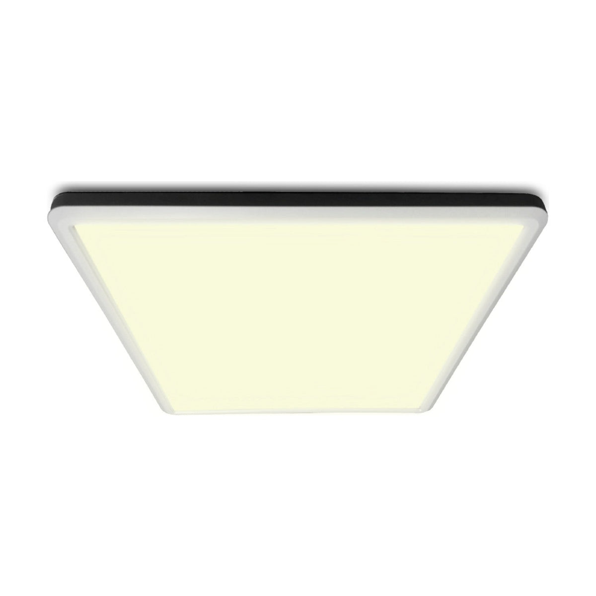 LED Ultra Square flush ceiling light in white, a square panel with softly radiused corners and slim dark trim, glowing evenly against a plain background.