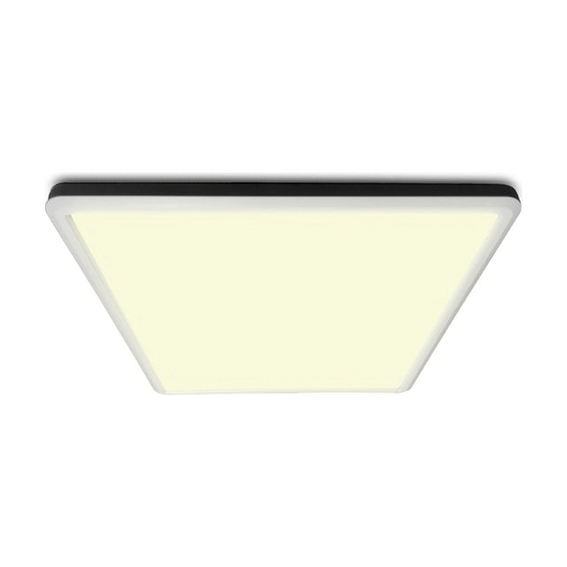 LED Ultra Square flush ceiling light in white, a square panel with softly radiused corners and slim dark trim, glowing evenly against a plain background.