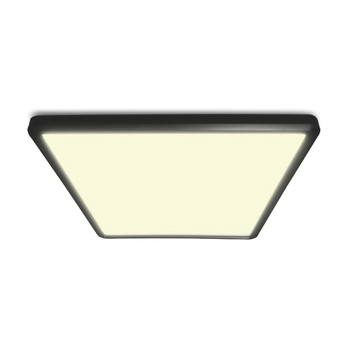 LED Ultra Square 3-Step Memory Flush Ceiling Light, 18W, black trim with a flat white diffuser panel and softly radiused corners, shown on a plain white background.