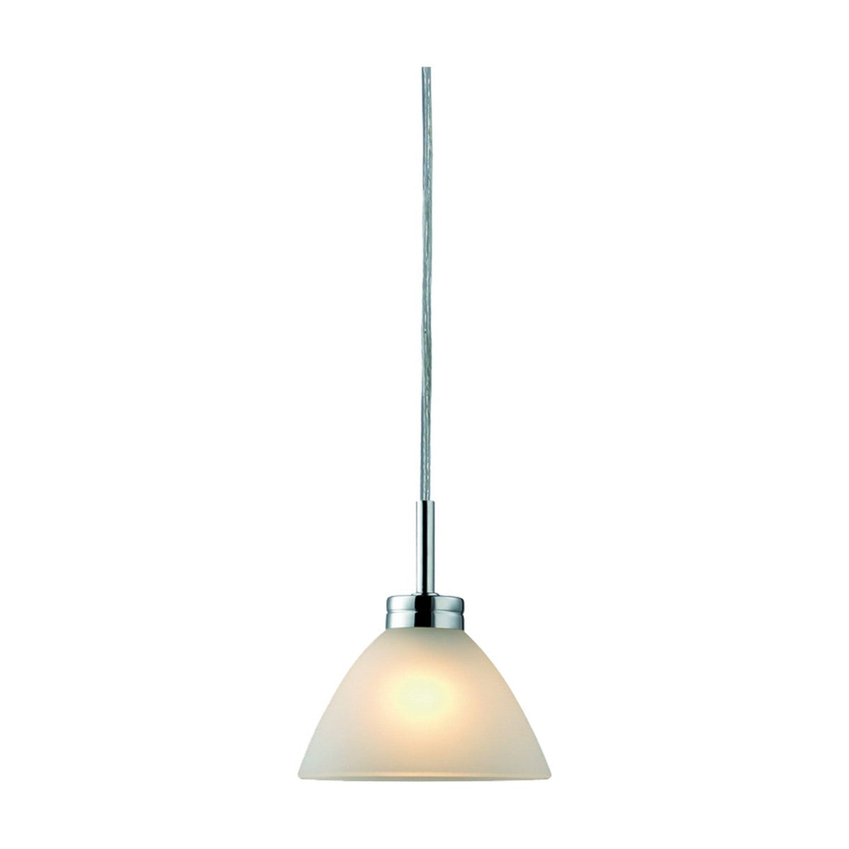Arc Glass pendant light with a rounded frosted opal glass shade under a polished chrome cone fitting, suspended on a clear wire against a plain white background.