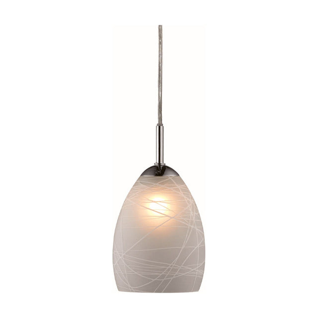 Winner Matt-Deco pendant light in white, frosted glass bell shade with fine trailing threads, chrome cord suspension, shown lit on a plain white background.