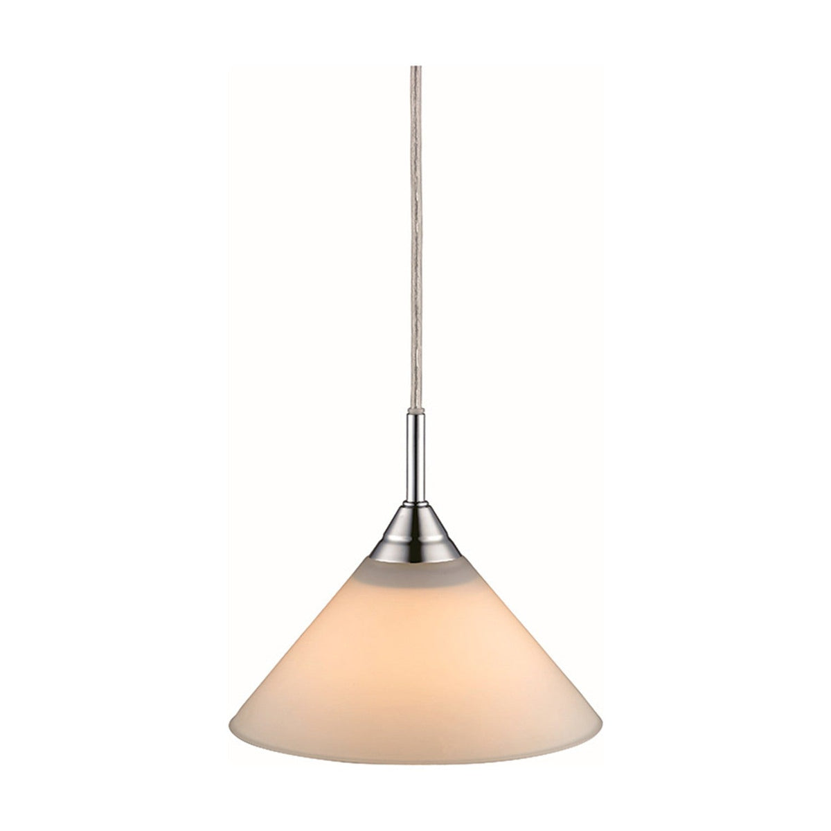 Skomager pendant light with a cone-shaped opal glass shade and polished steel collar, suspended on a cord against a plain white background.