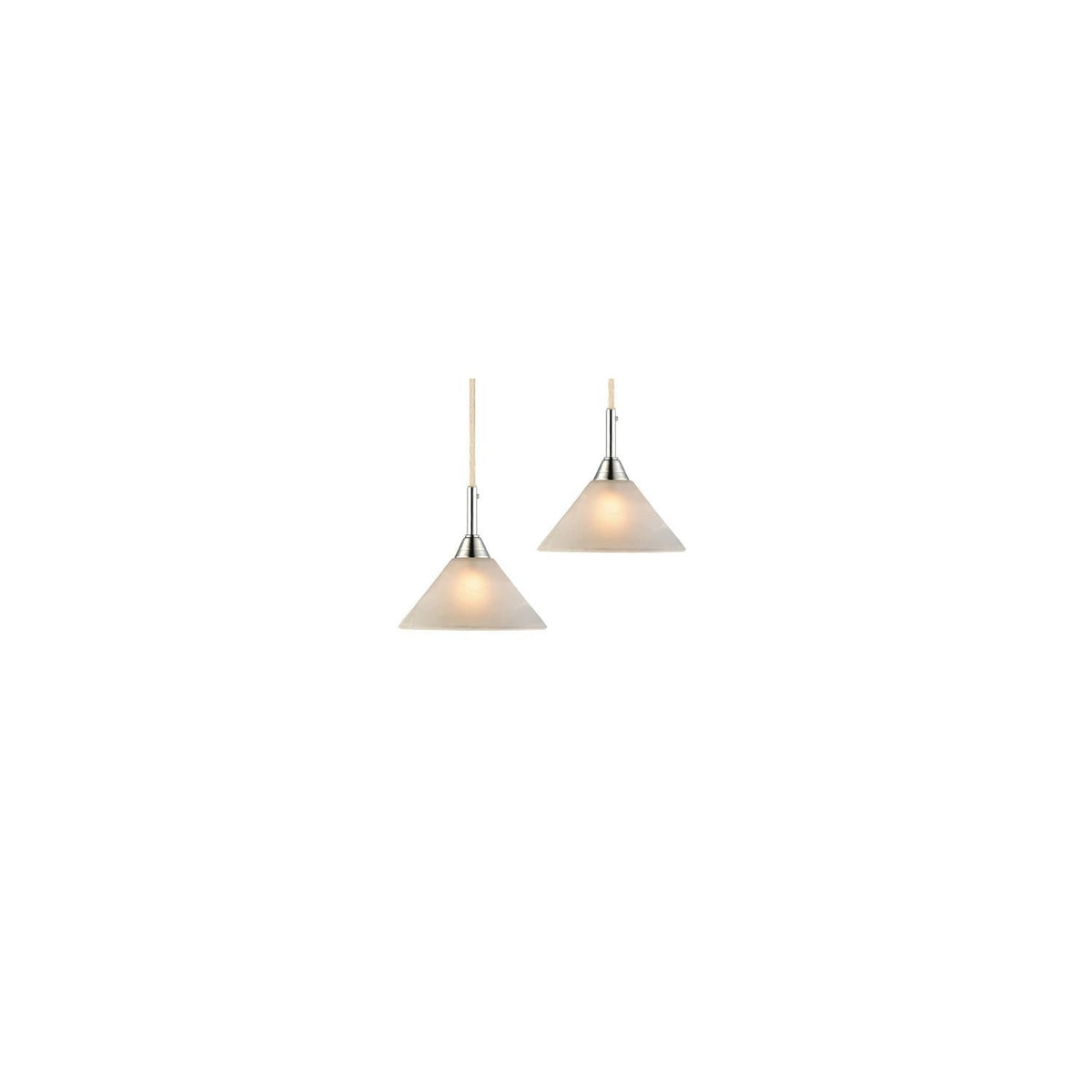 Vesus Glass 2 Light Pendant Light in polar white, two cone-shaped glass shades on cable cords with chrome fittings, shown on a plain white background.