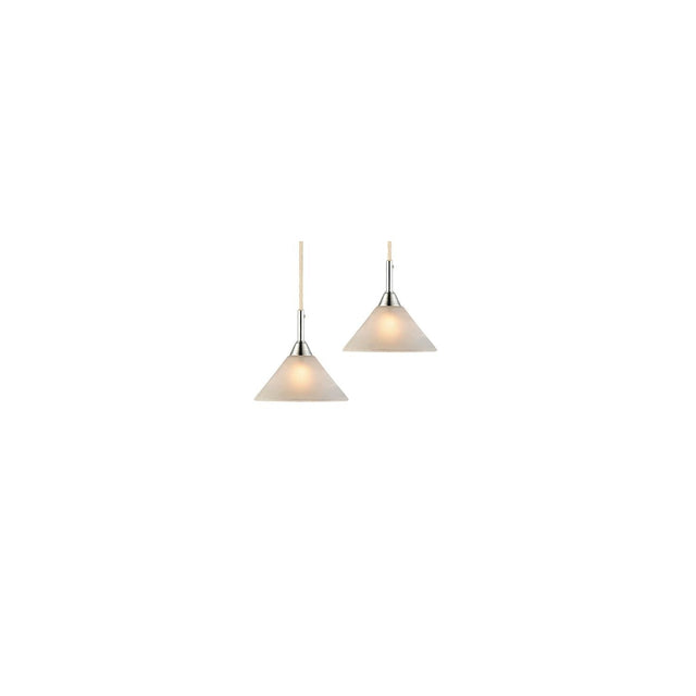 Vesus Glass 2 Light Pendant Light in polar white, two cone-shaped glass shades on cable cords with chrome fittings, shown on a plain white background.