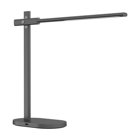 Office adjustable LED table lamp in black, slim flat head on a short column with oval base and USB port, shown against a plain white background.