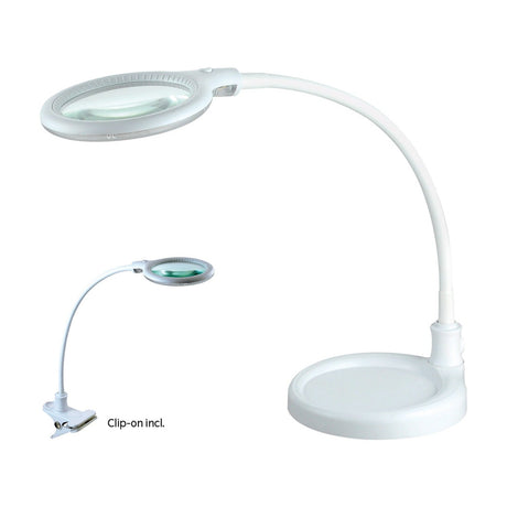 Magni LED Small Magnifying Table Lamp in white, with a round lens on a curved gooseneck arm and dished base, shown alongside a clip-on attachment on a plain white background.