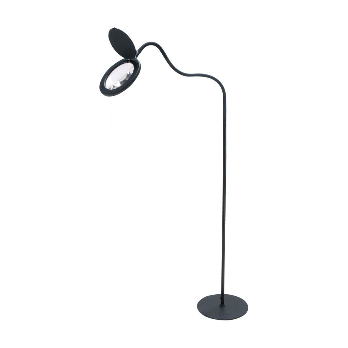 Magni LED X3 Dioptri floor lamp in black, with a round magnifying lens head and hinged cover on a curved slim stem, set on a flat round base against a plain white background.
